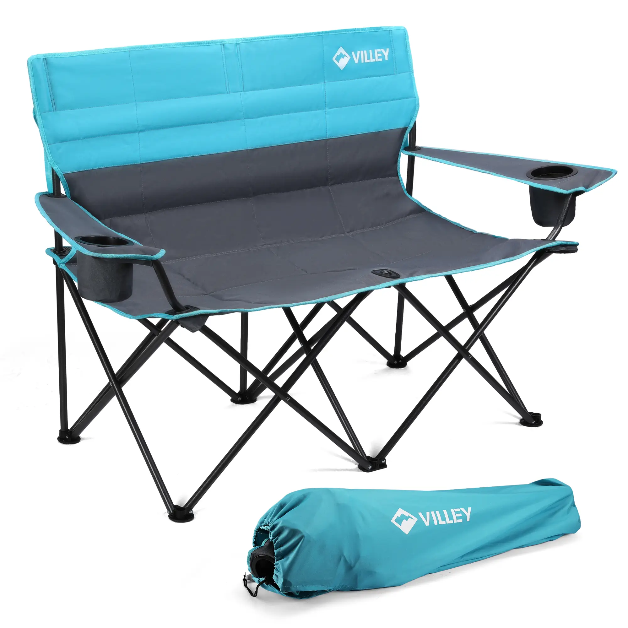 #summersale VILLEY Double Camping Chair, Extra Wide Loveseat, Heavy Duty Padded Camping Couch, Portable Folding Camp Chair w/Carry Bag, Steel Frame, Cup Holders for Camping Lawn Picnic Sports, Supports 500 LBS