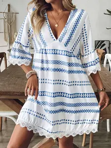 Women's Summer 2026 French Fashion V-Neck Waist-Cinch Slimming Print Five-Finger Sleeve Medium-Length Dress, Stylish and Comfortable