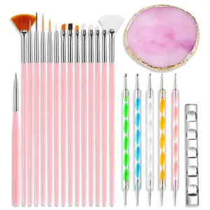 🌸22-Piece Professional Nail Art Brush Set: Includes 15 brushes + 5 double-headed dotting pens + gold-edged resin palette + display stand | Suitable for gel polish, acrylic paints, painting, and 3D designs | Nail Art Accessories