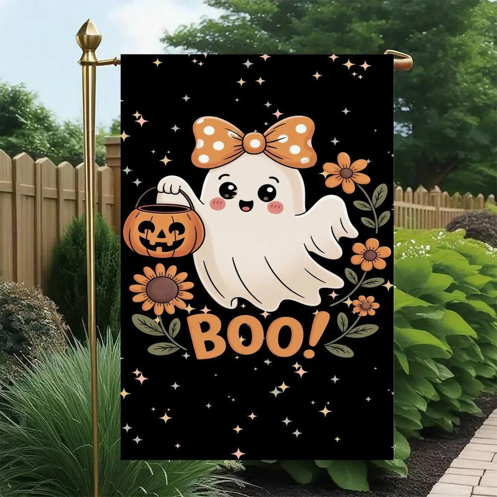 Cute Coquette Ghost Orange Polka Dot Bow Pumpkin Candy Bucket Sunflower Boo Black Background Halloween Fall Garden Flag Double-Sided 12x18in, Spooky Cute Halloween Front Yard Decor Banner