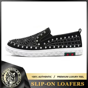 Men's Luxury Rhinestone & Rivet Studded Slip-On Loafers - Fashion Bling Platform Sneakers, Comfortable Sparkly Walking Shoes for Nightclub, Party, Prom