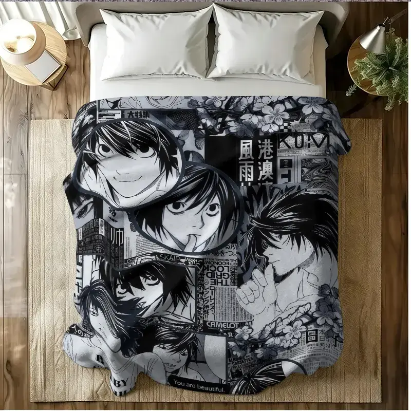 L Lawliet Multi Expression Manga Collage Throw Blanket, Black White Newspaper Floral Background Death Note Anime Flannel Blanket, Soft Fleece Blanket, Perfect Dark Mystery Anime Teen Bedroom Decor DN Fan All-Season Gift