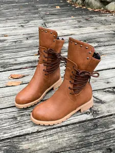 Women's Comfortable Lace-Up Boots, Large Size Winter Round Toe French Low Heel Boots, Stylish Women's Footwear, Winter Booties