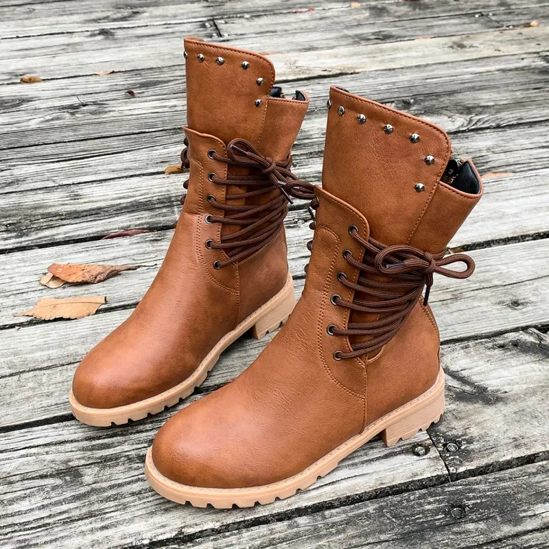 Women's Comfortable Lace-Up Vintage Soul Boots, Large Size Winter Round Toe French Low Heel Boots, Stylish Women's Footwear, Winter Booties, Fashionable Boots, Boots Heels