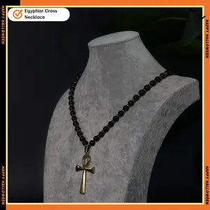 Bestselling Natural Black Onyx Beaded Egyptian Ankh Cross Necklace, 60cm (23.62") Chain, 6.5cm (2.56") × 3.6cm (1.42") Pendant, Spiritual Protection & Healing Gemstone Jewelry for Men.