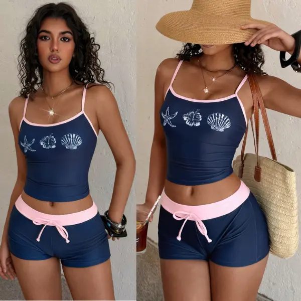 Women's Tropical Print Tankini Set Built In Bra Sleeveless Swim Top Beach Swimwear