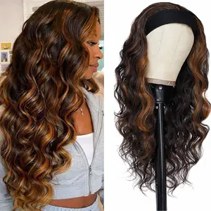 Long Wavy Headband Wig for Women Black Wigs with Brown Blonde Highlight 200% Denisty Headband Wigs Put On and Go Glueless Wig Long Synthetic Wig for Women Party Daliy Use