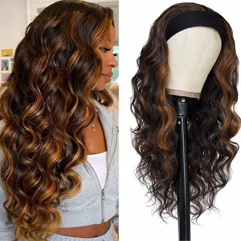 Women's Synthetic Full Machine Headband Wig - Summervibes Long Wavy Glueless Wig for Black Women, Black with Brown-Blonde Highlights, 320F Heat-Resistant Fibers, Restyleable, Instant Glam for Concerts & Cosplay