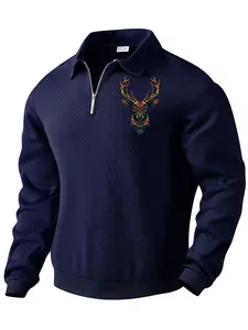 A men's solid color half-zip long sleeve hoodie with a deer print on the chest, knitted fabric, casual style, suitable for men' daily wear in autumn and winter, men's casual sports long sleeve Graphic Print hoodie