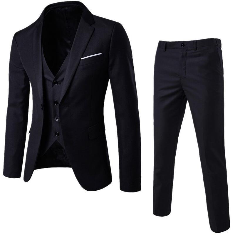 Men's Suit Set Three-Piece Casual Solid Color Slim Fit Formal Suit Groom Stylish Wedding Suit Trendy