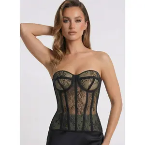 VETTA CORSET - Black Lace on Nude Mesh with Contrasting Boning for Romantic Date Nights & Special Occasions