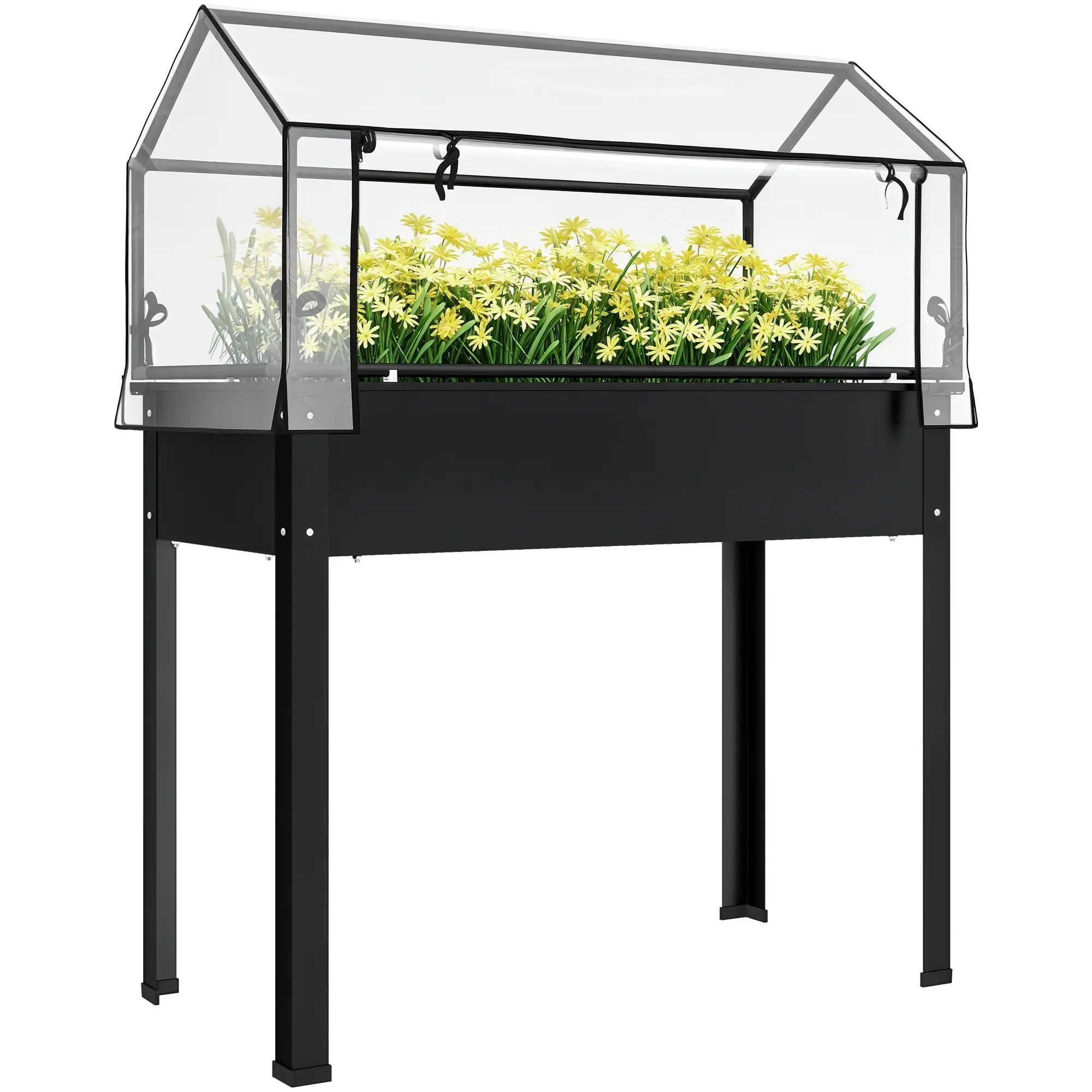 Outsunny Rectangular Elevated Raised Garden Bed with Flip-Up Protective Greenhouse Cover, Legs, Drainage Hole, 39.4"x18.9"x48.8" Black Elevated Planting Boxes for Patio Vegetables, Flowers