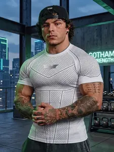 Batman Men's Fitness Short Sleeve T-Shirt, High Stretch Tight Fit, Sporty Commute Wear, All over Print, Long Clothing, Short Sleeves