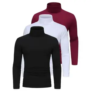 Long Sleeve Solid Color Stretch Knit 3-Pack Men's High Neck T-Shirts - Polyester Base Layer for Fall/Winter Warmth