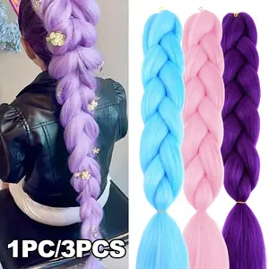 Girls' 24in Long Straight Hair Extensions, Synthetic Braids, Heat Resistant Ponytail Braid, Daily Party Festival Use, Synthetic Braiding Hair