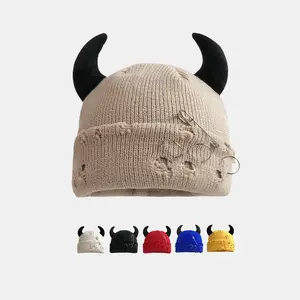 Little Devil Horn Knitted Woolen Hat For Men And Women Autumn And Winter Halloween Personalized Melon Skin Hat Hip-Hop Cold Hat