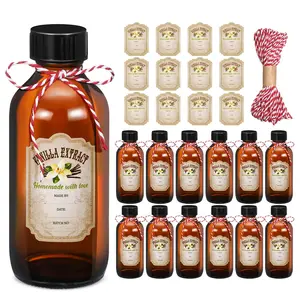 12 Pack Amber Glass Bottle Boston Round Bottles with Caps Brown Vanilla Extract Jars and 12 Pcs Vanilla Extract Stickers for Syrup Gift Glass Jar Food Storage Canister Set Sauce Beans