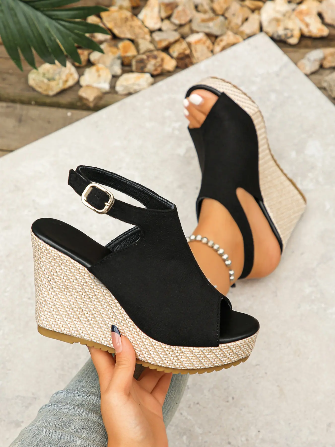 Fish Mouth Anklet Wedge Sandals, Summer Straw Thick Sole Waterproof Platform High Heels, Casual Outdoor Fashion Shoes for Vacation Style, Stylish, Elegant, Classy, Footwear
