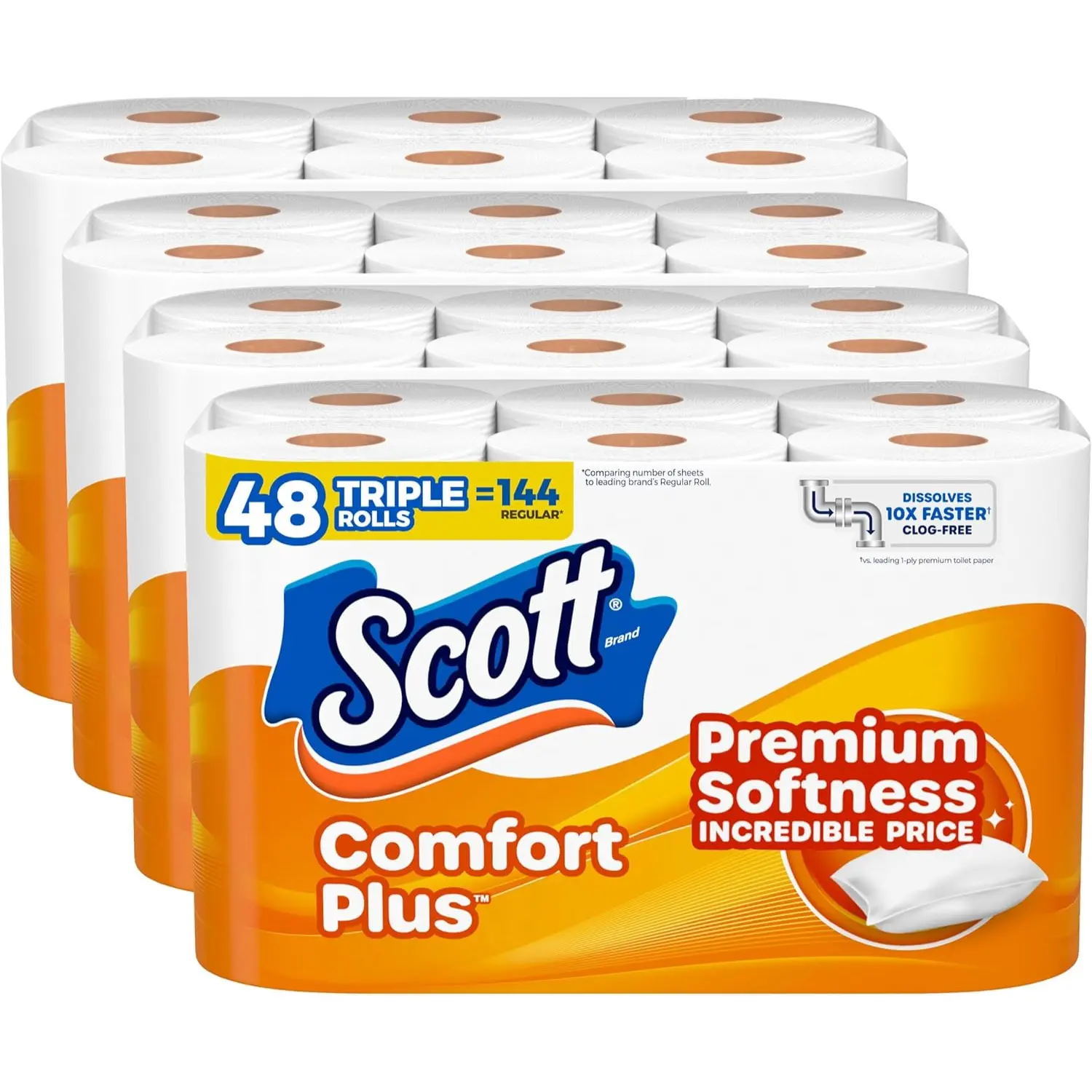 Scott ComfortPlus Toilet Paper 48 Triple Rolls 1-Ply Soft Strong Septic Safe Bath Tissue Flushable Clog-Free Unscented Bulk Value Pack