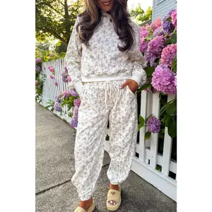 White Ditsy Floral Print Cozy Pullover Drawstring Pants Set