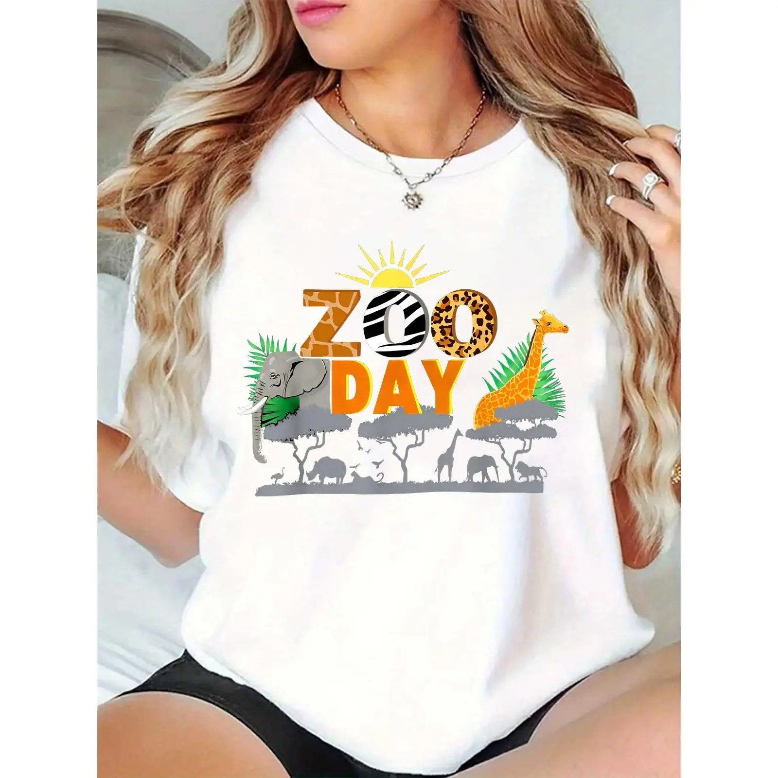 Women’s Zoo Day Animal Print T-Shirt | Giraffe Elephant Safari Graphic, Ideal for Zoo Visits, Casual Outings, Animal Enthusiasts 100% Cotton T-shirt