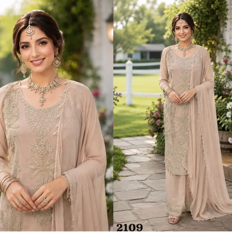 Beige Georgette Palazzo Suit, Beadwork with Zari Embroidery, Premium Fabric for Wedding Guests, Womenswear