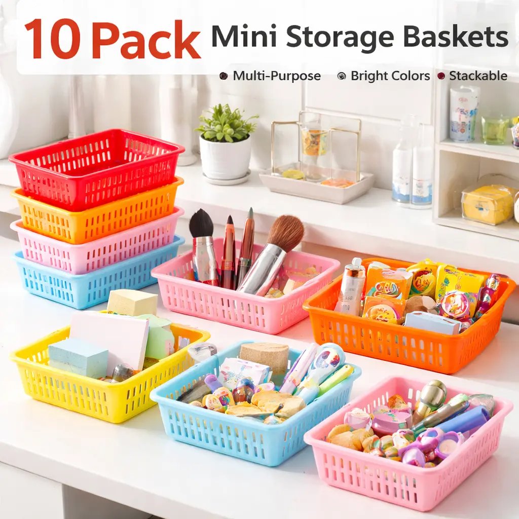 10-Pack Mini Plastic Kitchen Storage Baskets - Colorful Organizer Bins for Shelves, Desk, Makeup - Kitchenware Organizer for Home, Office Use