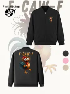 F-CAW-F Cartoon Rooster Print Jacket - Unique Trendy Zip-Up Women's Coat, Stylish Outerwear, Perfect Fall & Winter Layering