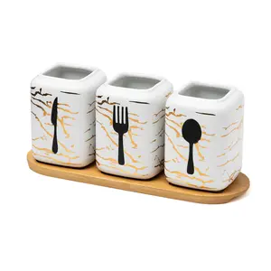 Ceramic Silverware Caddy for Countertop - 3 Pieces White Utensil Holder with Bamboo Tray