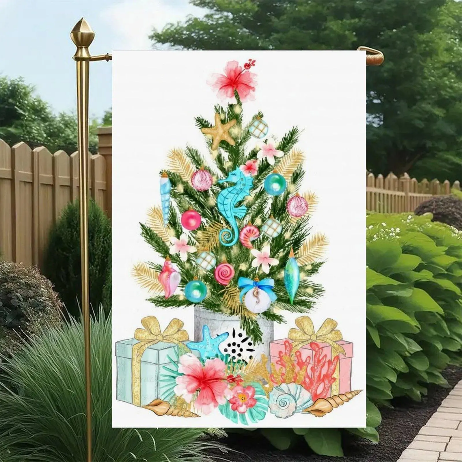 Tropical Coastal Christmas Tree Seahorse Starfish Hibiscus Seashell Gift Box Summer Beach Holiday Garden Flag Double-Sided 12x18in, Nautical Holiday Front Yard Decor Banner