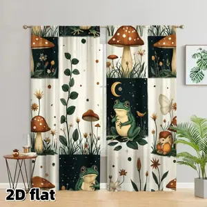 2D Flat 2Pcs Woodland Mushroom Frog Curtains, Forest Theme Nature Pattern, Whimsical Cottage Core Design, Rod Pocket Style, Semi Sunshade Polyester Fiber, Suitable For Home Living Room, Bedroom, Balcony, Kitchen, Study Window Decoration, Anti