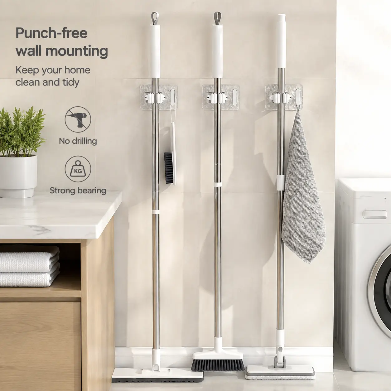 2-Count Wall Mounted Mop Holder, No-Drill Self-Adhesive Mop Clip with Hook for Bathroom and Kitchen Cleaning Tool Organization
