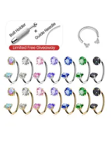 20G/18G Titanium Horseshoe Nose Ring(Tool Included)- Internally Threaded, 5A Multicolor CZ Gems, Hypoallergenic Septum Hoop jewelry, Titanium Nose Hoops