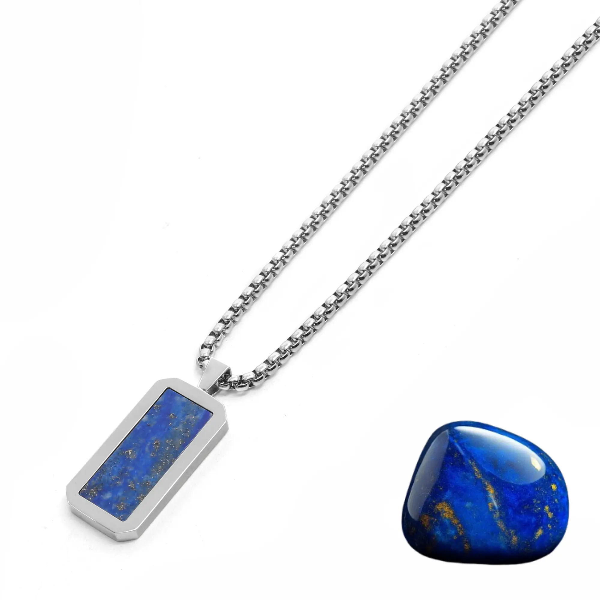 GT Collection Silver Rectangle Lapis Lazuli Pendant Necklace 29.4mm x 14.6mm High-End Gemstone Jewelry for Men Handcrafted with Stainless Steel Chain