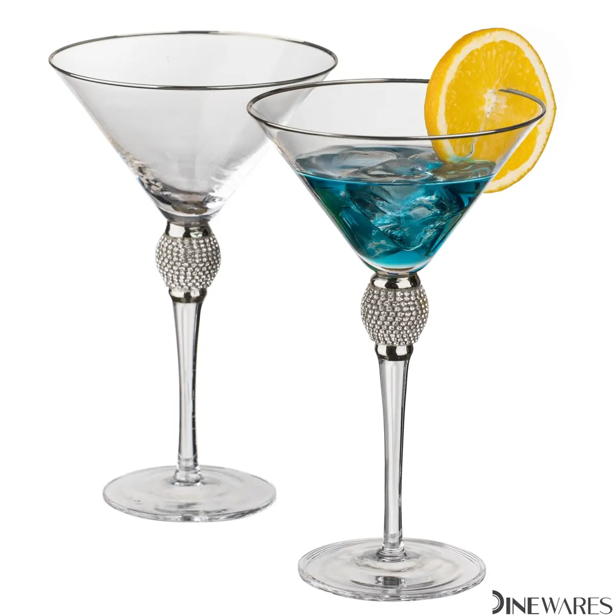 Di ares QI004760.SI.2 2 Piece Premium Clear Stem Crystal Martini Glasses with Silver Rim and Diamond-like Rhinestones, Elegant 10oz Glassware Set for Cosmopolitan