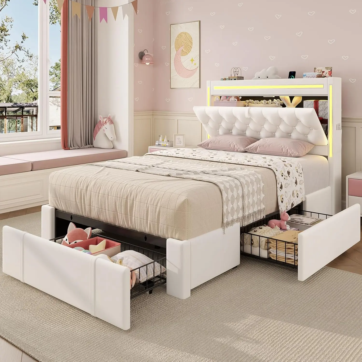 Sikaic Twin Size Upholstered LED Bed Frame with 3 Storage Drawers, Velvet Headboard with Hidden Storage & Charging Station, Button Tufted Princess Bed for Girls, No Box Spring Needed Summerwins