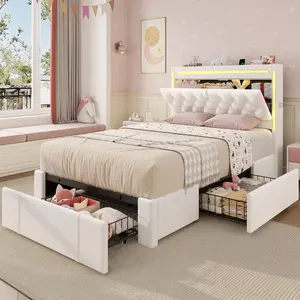 Sikaic Twin Size Upholstered LED Bed Frame with 3 Storage Drawers, Velvet Headboard with Hidden Storage & Charging Station, Button Tufted Princess Bed for Girls, No Box Spring Needed