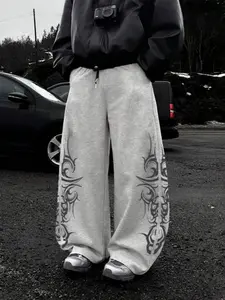 Front & Back Totem Print Casual Sweatpants, Fashion Street Style Loose Fit Straight Leg, English Graffiti Graphic, Comfortable Streetwear Bottoms