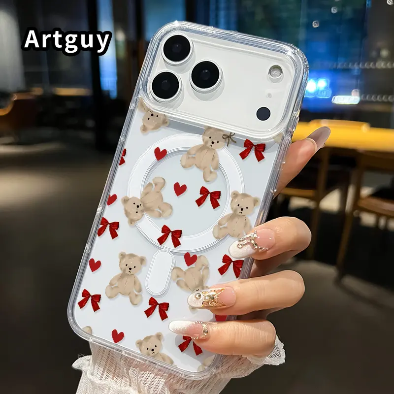 Magnetic Soft Phone Case for iphone 17 Pro Max 16 Plus 15 14 13 12 11 Air XR E Teddy Bow Heart Pattern Anti-Yellowing Shockproof ultra-thin Silicone Crystal Transparent Acrylic Large Hole Cover Supports Wireless Charging, Protection, Accessories