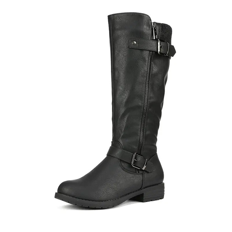 Dream Pairs Women's Soft Leather Chunky Platform Round Toe Knee-High Buckle Zip Boots - 0.5" Comfortable Heels, Casual Wear Footwear for Ride
