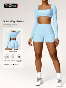 Women's Solid Long Sleeve Crop Tee & High Waist Shorts Tracksuit Set, Sporty Square Neck Top & Short Leggings for Yoga, Ladies Sportswear, Workout Running Clothes, Elegant Gym Outfits, Workout Sets Women