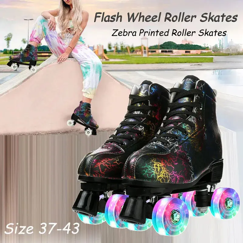 Zebra Printed Roller Skates High-Top PU Leather Roller Skates Skating Shoes Quad Skates Sneakers 4 Wheels Flash Wheel Shoes