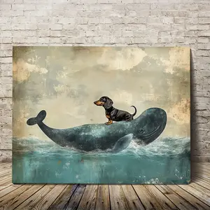 1 Piece Framed Canvas Wall Art - Whimsical Dachshund on a Whale, 11.8x 15.7inch , Ready to Hang, Playful Dachshund Riding a Blue Whale, Perfect for Bedroom, Kitchen, Office or Farmhouse Decoration, Bedroom Wall Art|Playful design|Wooden Frame, Whale Decor