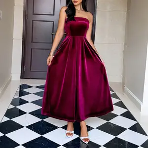 weddings dress backless dress valentine's day outfit plus size fashion stage outfit Elegant Strapless Navy Blue Velvet Maxi Dress for Women Chic Formal Party Gown Long Sleeveless Cocktail Night Out Attire Solid Luxury Feel