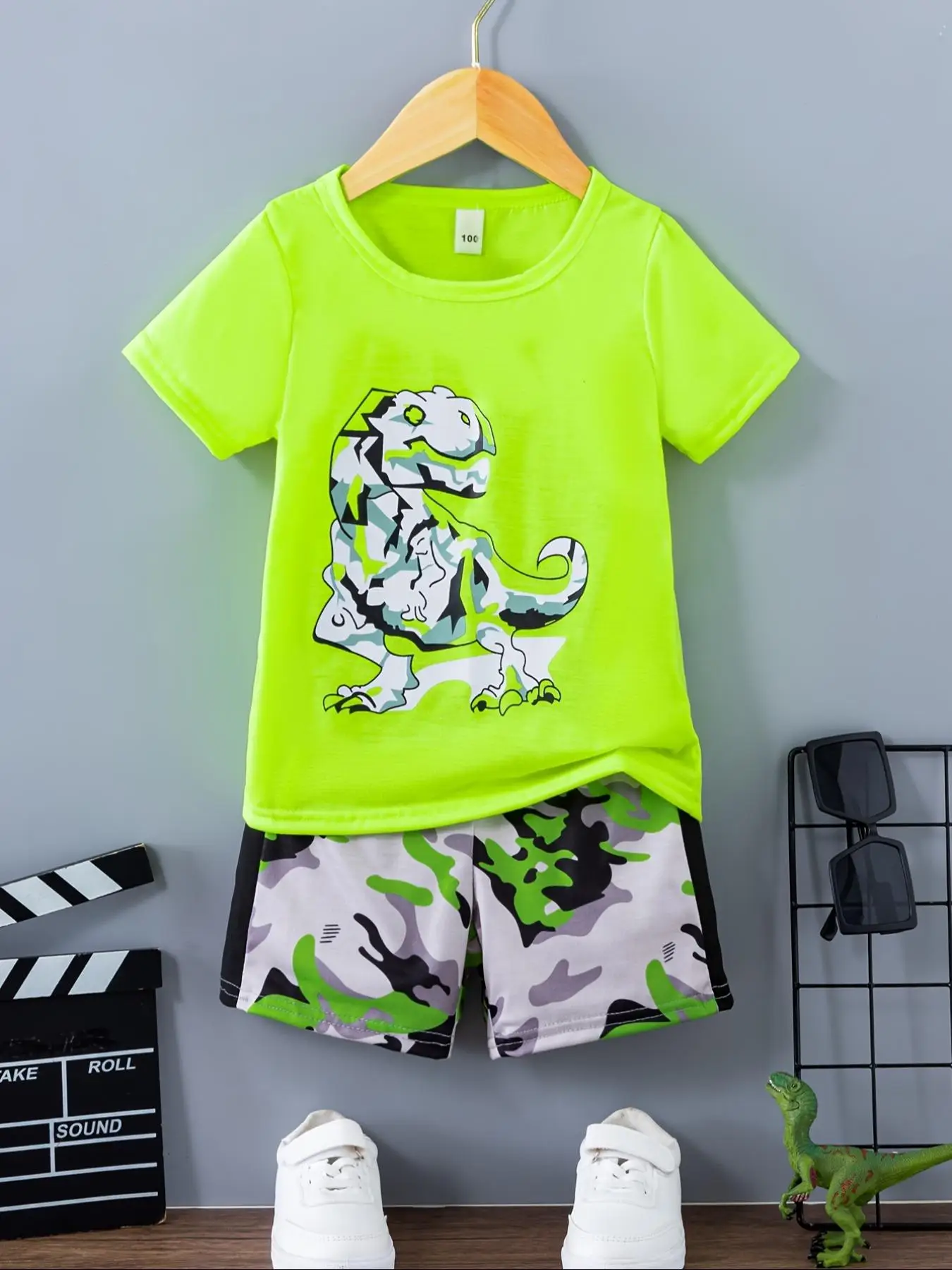 Two-piece Set Boy's Dinosaur Print Short Sleeve Tee & Camo Print Elastic Waist Shorts, Casual Round Neck T-shirt & Shorts, Summer Outfits Clothes for