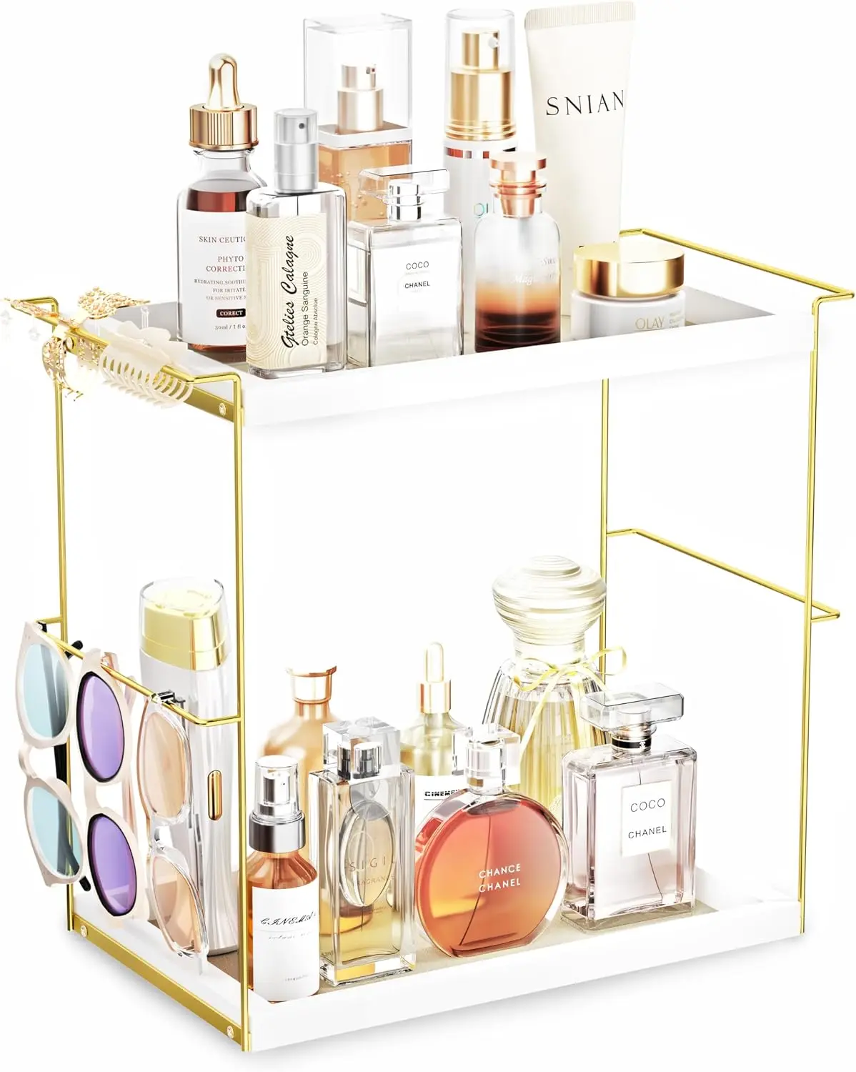 Perfume Organizer for Women Men, 2 Tier Bathroom Countertop Vanity Tray, Wooden and Metal Cologne Organizer Stand for Skincare Makeup Jewelry Glasses Watches, White Gold Rectangular Storage Shelf with Carry Handle