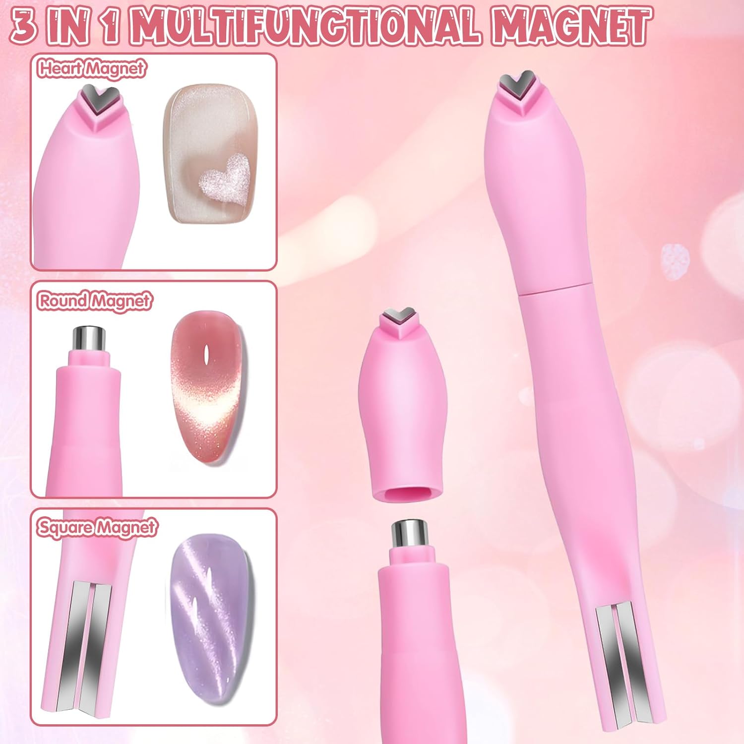 3-in-1 Cat Eye Magnetic Nail Art Tool Set, Multi-Functional Heart & Moon Pattern Magnet Design, Durable Plastic Manicure Kit for Metallic Cat Eye Gel Polish, Ideal DIY Nail Tool for Salon-Style Effects