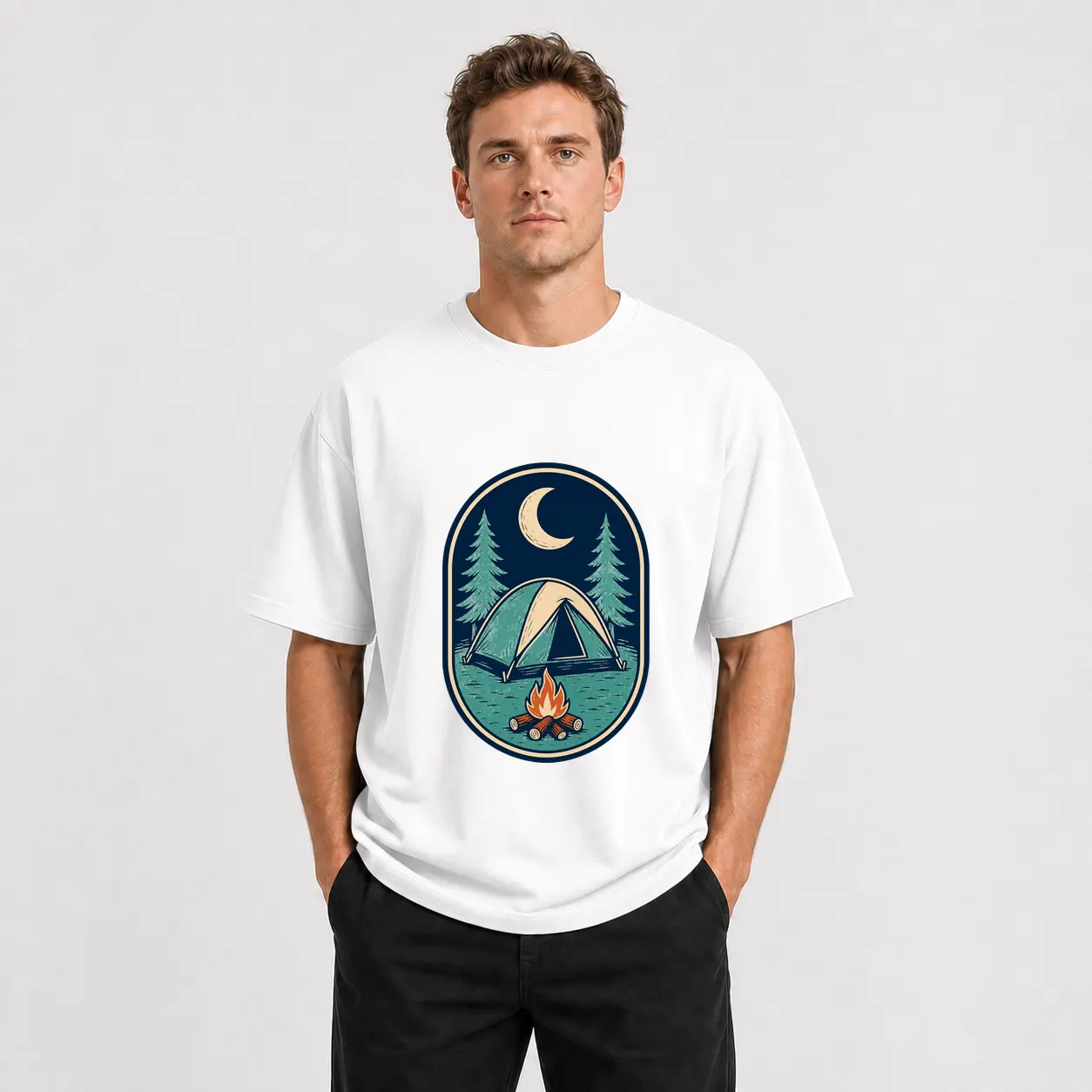 Men's Breathable Cotton Short-Sleeve T-Shirt - Retro Campfire Tent Graphic, Relaxed Fit Menswear Top for Outdoor Camping
