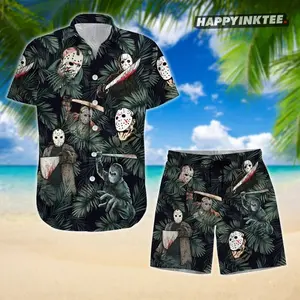 Jason Voorhees Hawaiian Shirt Shorts Set Friday 13th Horror Mask Machete Dark Tropical Palm Men Women Halloween Beach Summer Vacation Loose Comfy Outfit