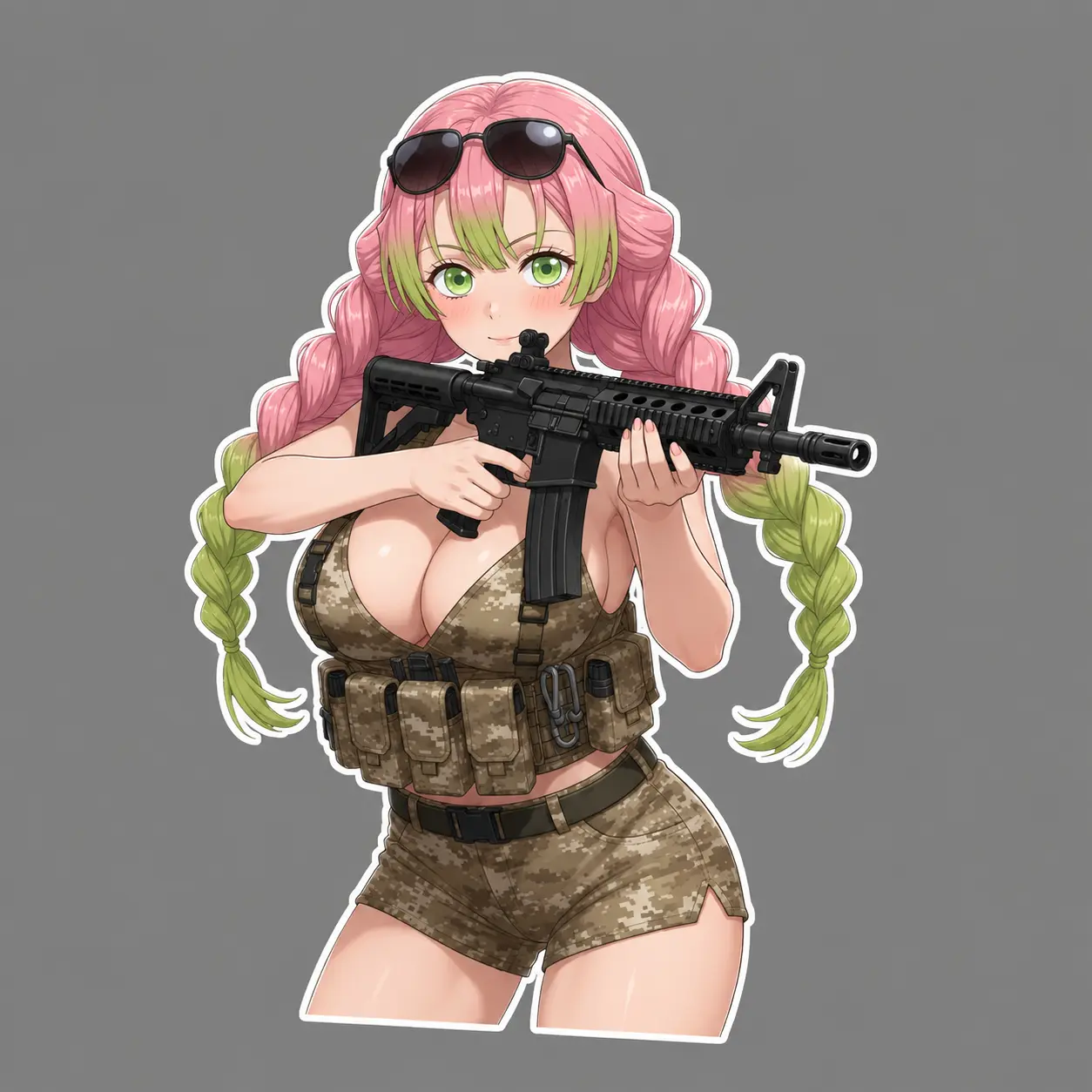 Demon Girl Tactical Waifu Sticker - Bubblegum Anime Schoolgirl with Pistol & Butterfly Tattoo - Waterproof Decal for Gun Cases